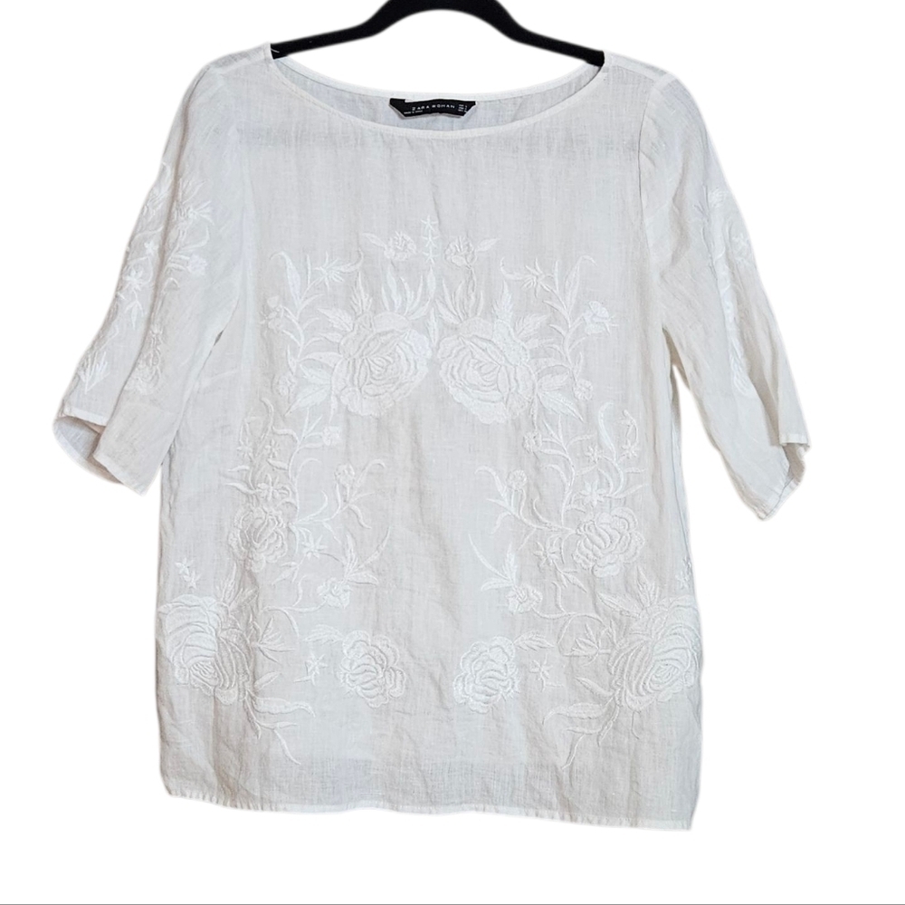 Zara White Embroidered Linen Blend Blouse